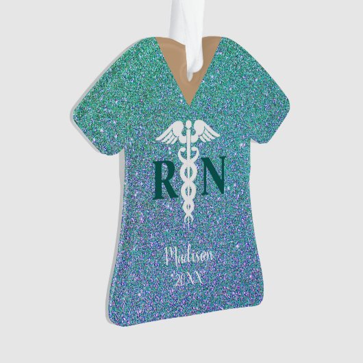 Personalisiert Nurse Aquamarin Blue Glitzer Scrub Ornament (Vorderseite)