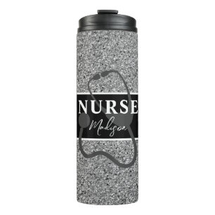 Personalisiert Nurse Black Silver Glitzer Script Thermosbecher