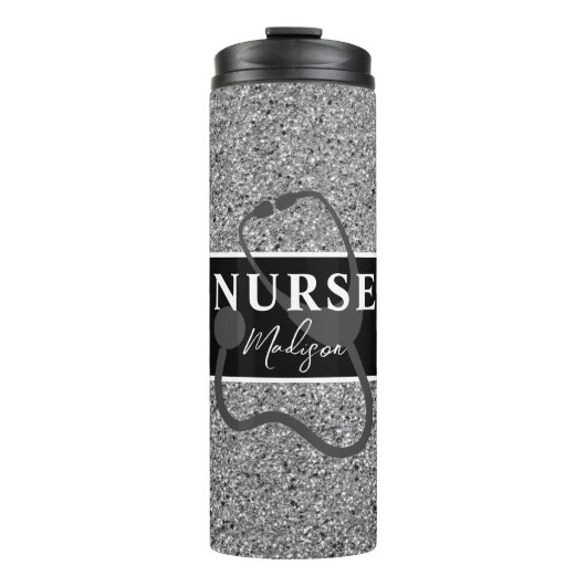Personalisiert Nurse Black Silver Glitzer Script Thermosbecher (Vorderseite)