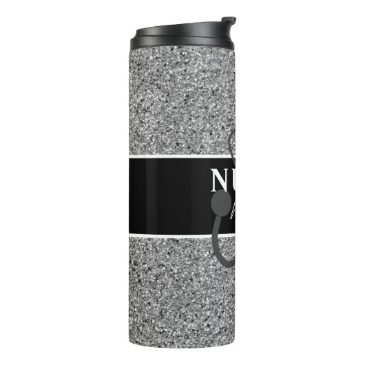 Personalisiert Nurse Black Silver Glitzer Script Thermosbecher (Nach links gedreht)