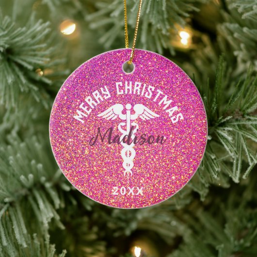 Personalisiert Nurse Pink Glitzer Weihnachten Keramik Ornament (Baum)