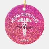 Personalisiert Nurse Pink Glitzer Weihnachten Keramik Ornament (Vorne)