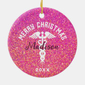 Personalisiert Nurse Pink Glitzer Weihnachten Keramik Ornament (Hinten)