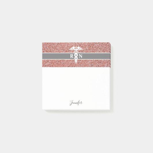 Personalisiert Nurse RN Rose Gold Glitzer Caduceus Post-it Klebezettel (Vorderseite)