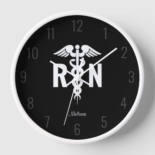 Personalisiert Nurse RN Schwarz-weiß Caduceus Medi Uhr (Vorderseite)