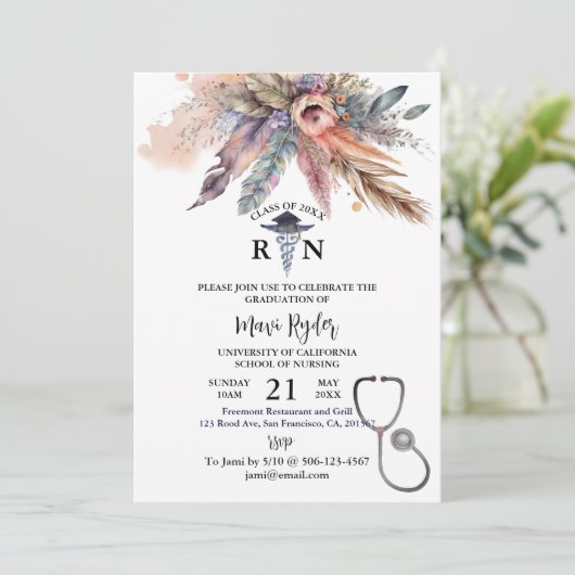 Personalisiert Nursing Abschluss Boho FIorale Part Einladung (Stehend Vorderseite)