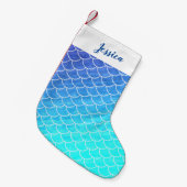 Personalisiert Ombre Blues Mermaid Scale Strumpf Kleiner Weihnachtsstrumpf (Vorderansicht (hängend))