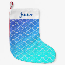 Personalisiert Ombre Blues Mermaid Scale Strumpf Kleiner Weihnachtsstrumpf