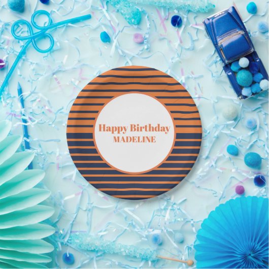 Personalisiert Orange Navy Blauer Streifen Geburts Pappteller (Party)
