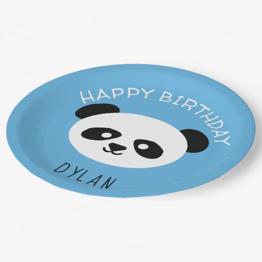 Personalisiert Panda Bear Kawaii Birthday Boys Blu Pappteller (Schrägansicht)