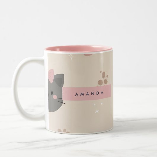 Personalisiert Pastel Kawaii Kat-Gesichtsmuster Zweifarbige Tasse (Links)