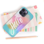 Personalisiert Pastel Paint Splotches Hallo Case-Mate iPhone 14 Pro Max Hülle<br><div class="desc">Hübsche pastellfarbene Farbflecken in Rosa,  Pfirsich,  Lila,  Aqua,  Gold,  Blau und Weiß sind in diesem abstrakten Design verstreut,  das in der modernen Schriftzeichen-Typografie "Hello"-Text enthält. Personalisieren Sie mit Ihrem Namen oder einem anderen gewünschten Text für einen Fall,  der Sie einzigartig ist.</div>