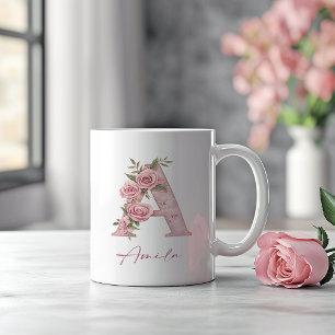 Personalisiert Pastellrosa, florale Monogramm Buch Kaffeetasse