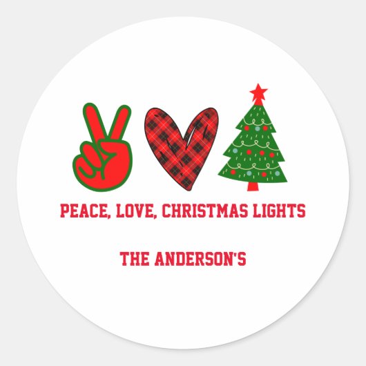 Personalisiert Peace Liebe Christmas Lights Green  Runder Aufkleber (Vorderseite)