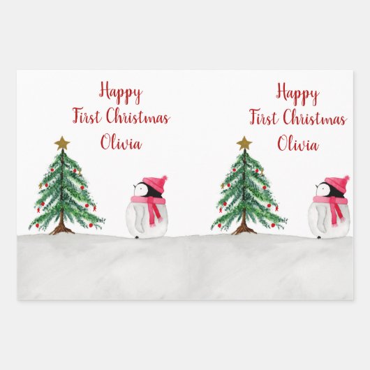 Personalisiert Peggy Penguin 1. Weihnachten Geschenkpapier Set (Vorderseite 3)