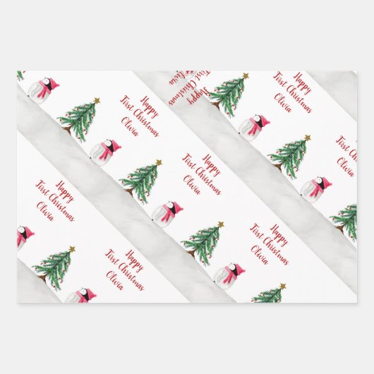 Personalisiert Peggy Penguin 1. Weihnachten Geschenkpapier Set (Vorderseite 2)