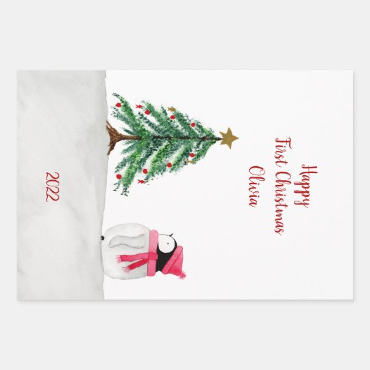 Personalisiert Peggy Penguin 1. Weihnachten Geschenkpapier Set (Vorderseite)