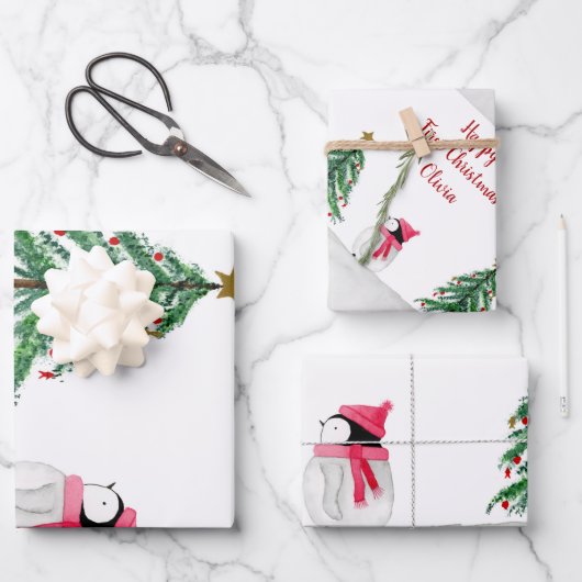 Personalisiert Peggy Penguin 1. Weihnachten Geschenkpapier Set (Vorderseite)