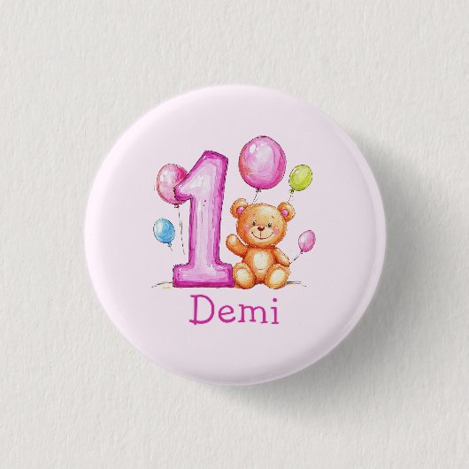 Personalisiert Pink 1. Geburtstag für Mädchen Button (Vorderseite)
