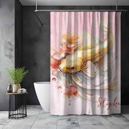 Personalisiert Pink Aquarell Gold Koi Fisch Blümch Duschvorhang