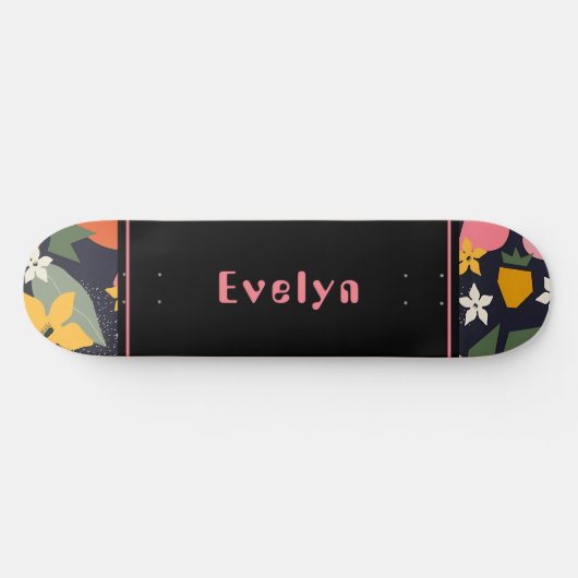 Personalisiert Pink Black Girly Blume Skateboard (Horizontal)