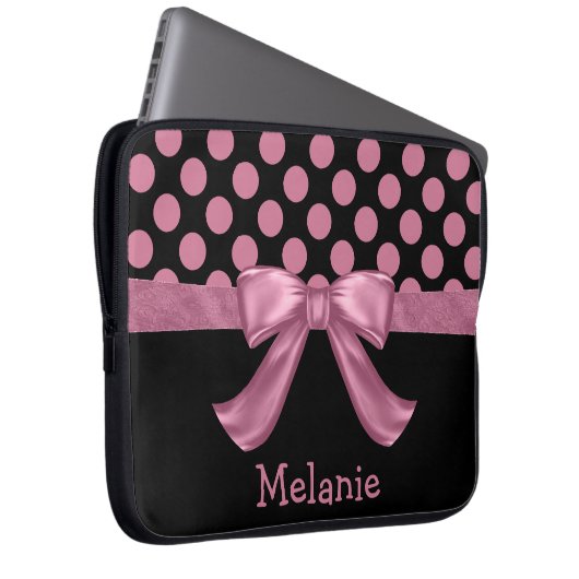 Personalisiert Pink Black Polka Dot Ribbon Bow Laptopschutzhülle (Vorne Rechts)
