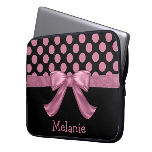 Personalisiert Pink Black Polka Dot Ribbon Bow Laptopschutzhülle (Vorderseite Links)