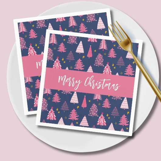 Personalisiert Pink Blue Christmas Tree Muster Serviette