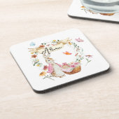 Personalisiert Pink Bunny Osterfarben Getränkeuntersetzer (Linke Seite)