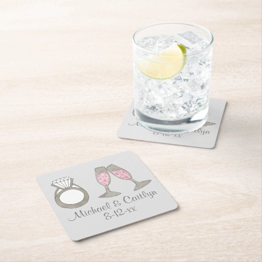 Personalisiert Pink Champagne Diamond Wedding Ring Rechteckiger Pappuntersetzer (Vor Ort)