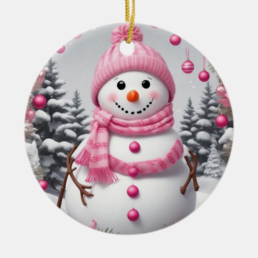 Personalisiert Pink Christmas Snowman Keramik Ornament (Vorne)