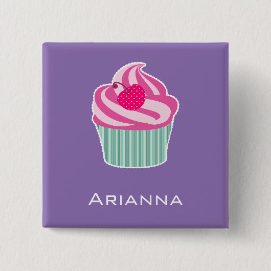 Personalisiert Pink Cupcake WIth Polka Dot Cherry Button (Vorderseite)
