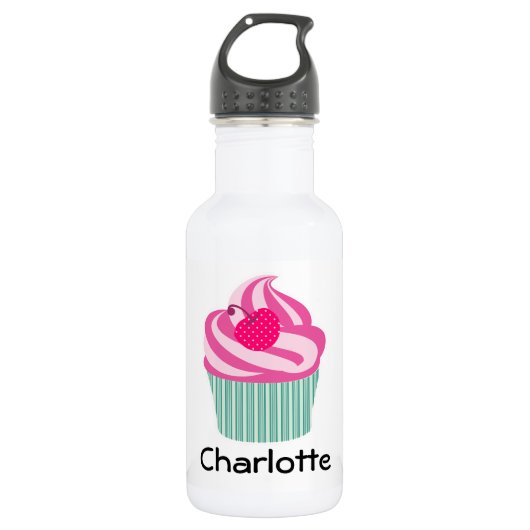 Personalisiert Pink Cupcake WIth Polka Dot Cherry Edelstahlflasche (Vorderseite)
