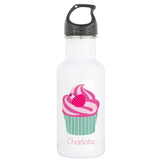 Personalisiert Pink Cupcake WIth Polka Dot Cherry Edelstahlflasche (Vorderseite)