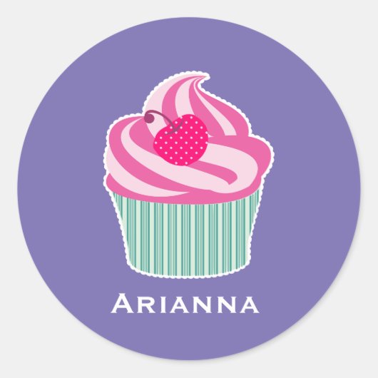 Personalisiert Pink Cupcake WIth Polka Dot Cherry Runder Aufkleber (Vorderseite)