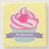 Personalisiert Pink Cupcake WIth Polka Dot Cherry Steinuntersetzer (Vorderseite)