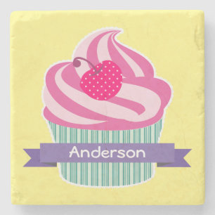 Personalisiert Pink Cupcake WIth Polka Dot Cherry Steinuntersetzer