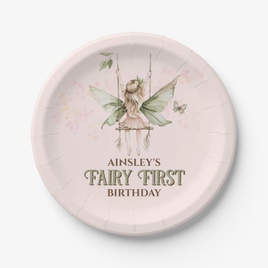 Personalisiert Pink Fairy Erster Geburtstag Party Pappteller (Vorderseite)