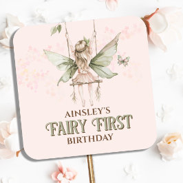 Personalisiert Pink Fairy Erster Geburtstag Party Quadratischer Aufkleber