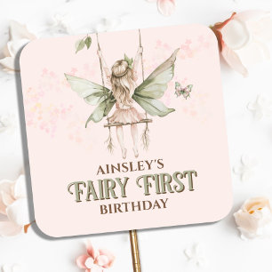 Personalisiert Pink Fairy Erster Geburtstag Party Quadratischer Aufkleber