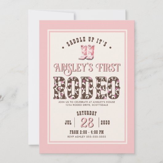 Personalisiert Pink First Rodeo Girls 1. Geburtsta Einladung (Vorderseite)