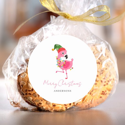 Personalisiert Pink Flamingo Weihnachten Runder Aufkleber