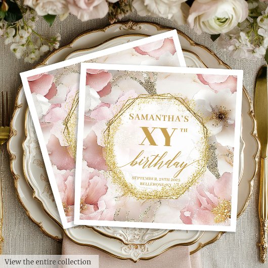 Personalisiert Pink Floral Geburtstag Napkins Gold Serviette
