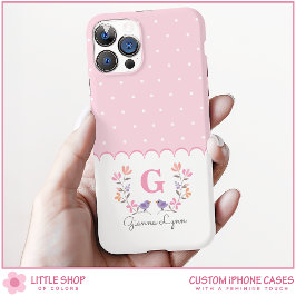 Personalisiert-Pink-Floral-Polka-Dosen-Monogramm iPhone 16 Hülle