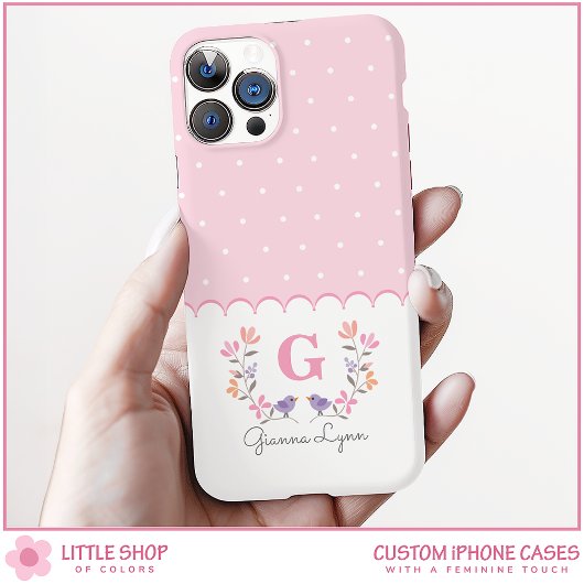 Personalisiert-Pink-Floral-Polka-Dosen-Monogramm Case-Mate iPhone Hülle