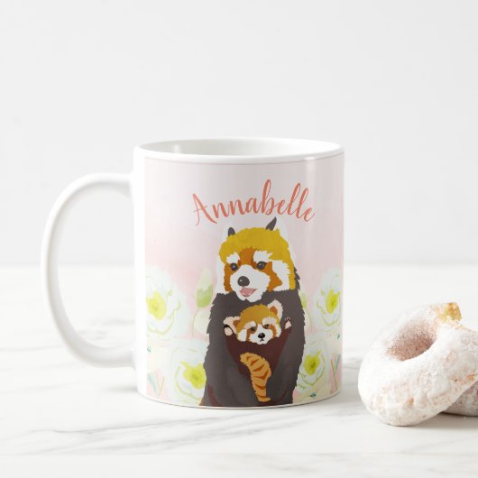 Personalisiert Pink Floral Red Panda Mama Baby Tas Kaffeetasse (Mit Donut)