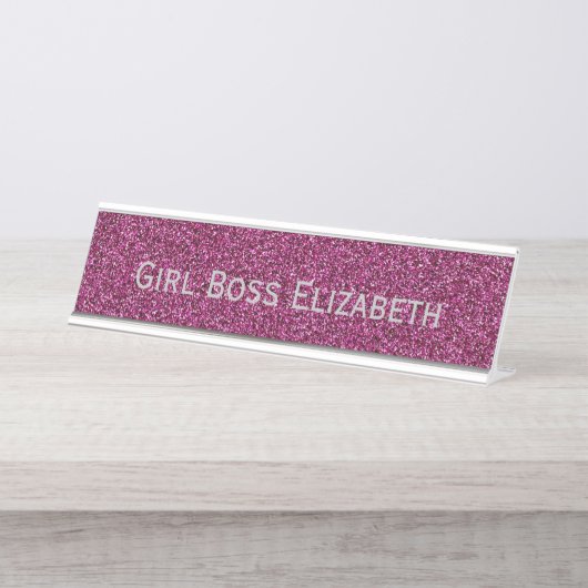 Personalisiert Pink Glitzer & Silver Girl Boss Fun Schreibtischnamensplakette (Vorderseite )