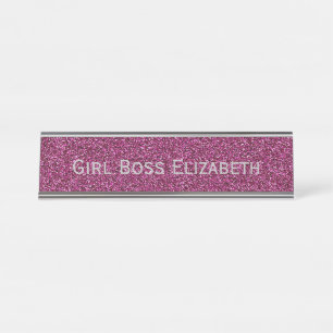 Personalisiert Pink Glitzer & Silver Girl Boss Fun Schreibtischnamensplakette