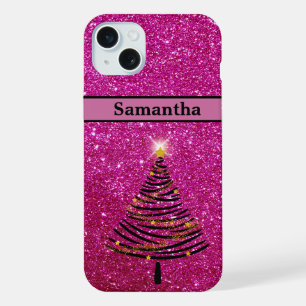 Personalisiert Pink Glitzer Weihnachtsbaum iPhone 15 Plus Hülle