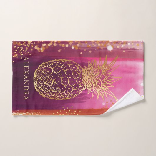 Personalisiert Pink Gold Ananas Glitzer Badhandtuch Set (Handtuch)
